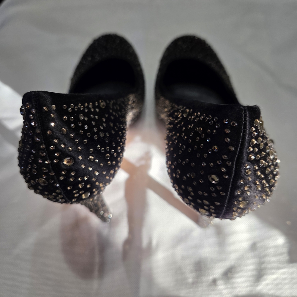BCBGMaxAzria Black Satin + Champagne Sparkle Platform Stiletto Heels, 8.5 - Picture 2 of 6